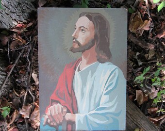 Vintage Paint by Number Jesus Religious Painting with Unfinished Mary on Back 1963 Mid Century Craft Master PBN Unframed 1960's