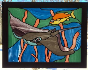 Decorative Leaded Glass*Framed Stained Glass Window Panel*Sea Life Art Glass Window*Sting Ray*Art Glass Maker*Walnut Framed Art Glass