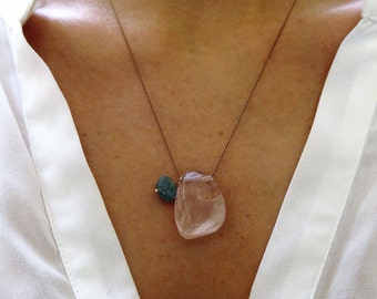 Raw rose quartz necklace. Rough icy rose quartz and blue green apatite necklace on a brown silk thread. Slice rough rose quartz necklace.