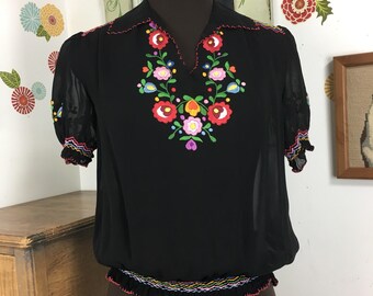 Sheer Black Peasant Blouse, Embroidered Rayon Top Ethnic Peasant Blouse Hungarian Hippie Gypsy Boho Top 1970s 1940s Swiss Georgette