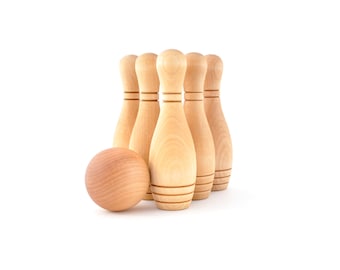 Wooden Bowling Game - 6 Pin Natural Skittles Set - Montessori Wood Toy - Eco-Friendly Gift for Toddler or Preschooler - Baby First Birthday