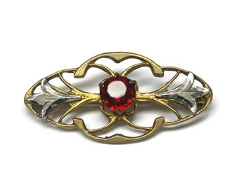 Vintage Red Rhinestone Two Tone Sterling Nouveau Brooch