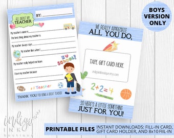 Teacher Appreciation Gift | End of Year Gift | Teacher Thank You | Teacher Gift Idea | All About My Teacher Printable Download