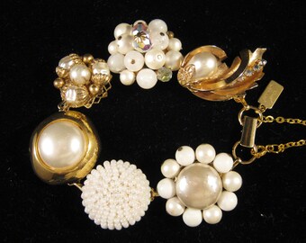 Bridesmaid Gift, Wedding Bracelet, Vintage Earring, Reclaimed, Cluster, White, Pearl, Gold, Rhinestone, Jennifer Jones, Under 40 - Angelic