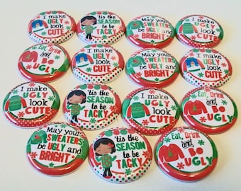 Fun Ugly Tacky Christmas Sweater Set of 15 1 inch Flat Back Buttons Embellishments Buttons Flair