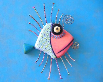 Blue Angelfish, MADE to ORDER, Original Found Object Wall Sculpture, Wood Carving, Wall Decor, by Fig Jam Studio