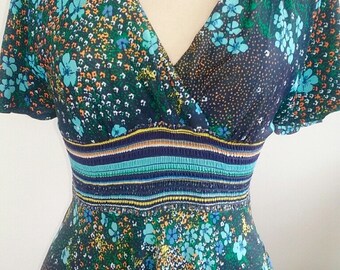 70s YVES JENNET Day Dress--Nylon Jersey--Stripes and Flowers--Fluttery Sleeves--Back Ties