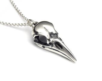 Sterling Silver Raven Skull Pendant Necklace