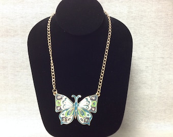 Vintage Goldtone Necklace with Teal, White, and Green Butterfly Pendant