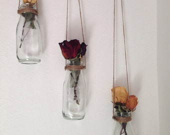 Milk Bottle Shabby Chic Home Decor Vase - Set of 3 Handmade in Cute Hand Painted Hummingbird Box