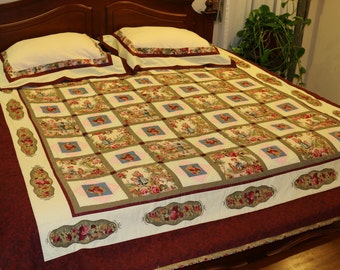 Handmade, Hand Quilted King / Queen Size Victorian Style Bedding Set - 101" x 86" Quilt, 2 Shams, Throw, in Rose, Pink, Blue, Green, Cream