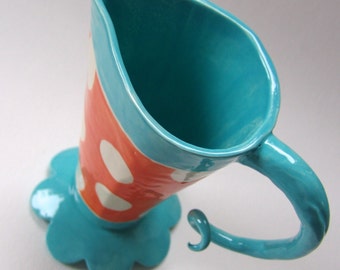 Whimsical turquoise & orange polka dot pottery Vase or Pitcher Alice-in-Wonderland home decor