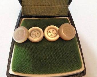 French 1940s Men Tuxedo Shirt Round Buttons - Set of 4 - Silver Plated & Abalone Mother of Pearl - MADE IN FRANCE - Mint in Vintage Box