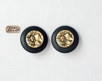 Black Onyx Disc with Gold Egyptian Revival Clip Earrings