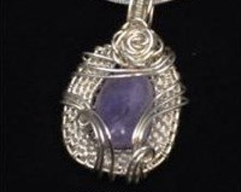 Sterling silver amethyst wire wrapped pendant on a sterling silver chain