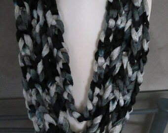 Crocheted Chunky Scarf Necklace in Black/grey/touch of blue