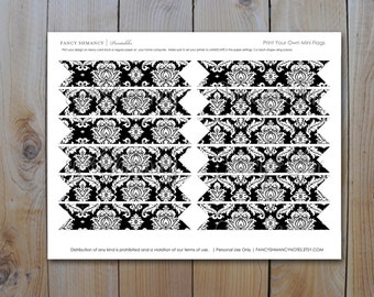 Printable Black Damask Mini Flags / Instant Download / PRINTABLE / # 300