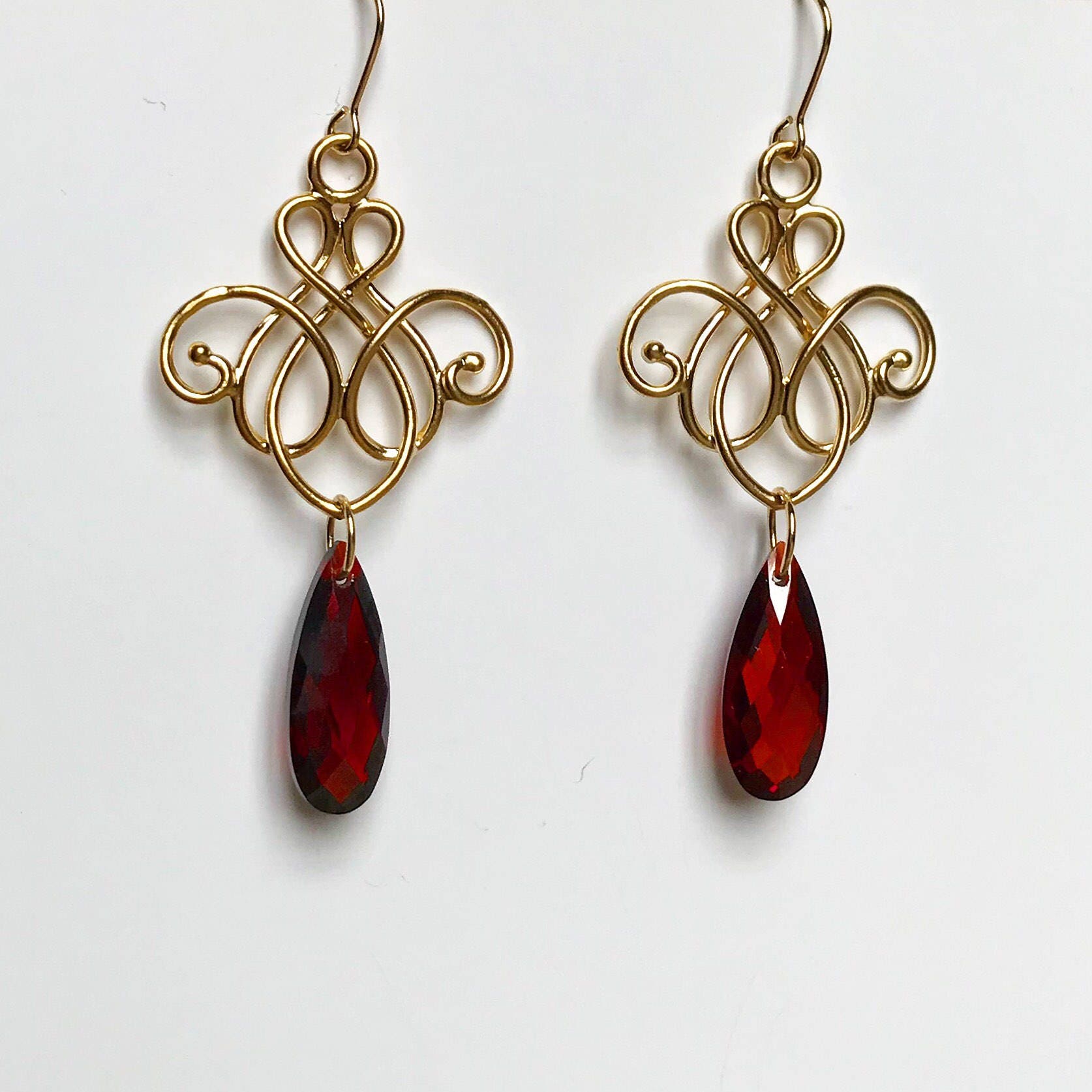 Gold And Red Cubic Zirconia Chandelier Earrings Dangle Gold And Red Cubic Zirconia Chandelier Earrings Dangle Elegant Gift For Her Bohemian Mother S Day
