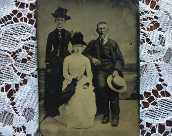 Antique Victorian Tintype Photo of Two Ladies and a Gentleman