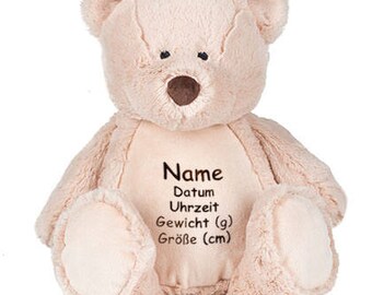 Fluffy Teddy bear with emboidery, embroidered with name, date, weight and size
