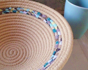 Tan With Teal, Blue, Yellow and Brown Stripe Coiled Fabric Basket - Catchall for Your Keys, Change, Handmade by Me