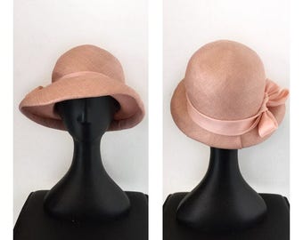 60s Raffia Cloche - Vintage Handmade Pink Hat