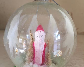 Vintage German Glass Diorama Santa & Tree Ornament