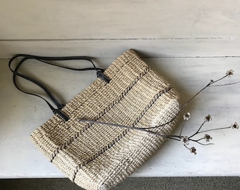 Sisal Purse | Vintage Sisal Shoulder Bag | Sisal and Faux Leather Market Bag | Hipster Tote | Vegan Summer Handbag | Beach Bag | Boho Style