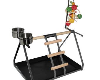 Parrot Bird Perch Table Top Stand Metal Wood 2 Steel Cups Play Medium Large Breeds