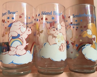1984 Care Bears drinking glasses - vintage glass tumblers - Canada Canadian French writing - American Greetings Corp.
