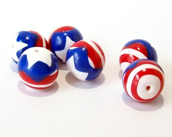 Red White and Blue Oval Beads Handmade from Polymer Clay