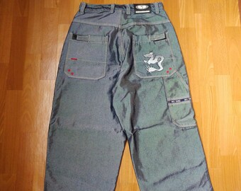WU WEAR jeans, shiny gray vintage hip hop baggy loose jeans, 90s hip-hop clothing, Wu Tang Clan hiphop gangsta rap, kani jnco, OG, size W 30