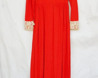 Vintage 60s-70s High Lace Collar Empire Waist Maxi Dress/Retro/Victorian/Hippie/Bohemian Chic