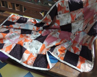 Vintage Japanese kimono quilt, Japanese lap throw, Kimono futon blanket 35" x 54" Hand tied kimono quilt