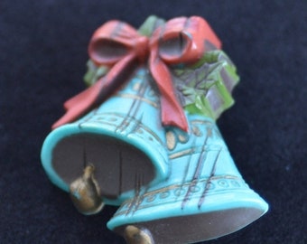 On sale Pretty Vintage Teal Blue, Red, Green Christmas Bell Brooch, Plastic (AK5)