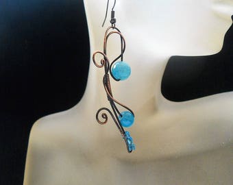 Statement Copper earrings Copper Blue earrings Rustic earrings Copper Boho earrings Copper wire earrings Wire wrap earrings Art earrings