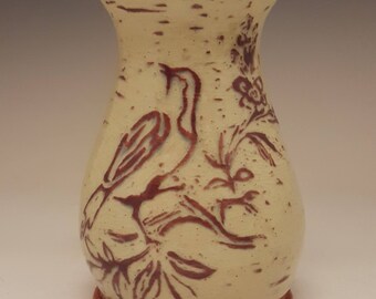 Birds and Flowers Sgraffito Design Ceramic Vase