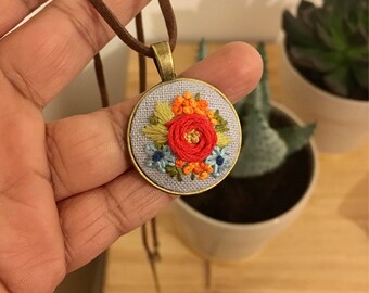 Handmade embroidered necklace, Floral necklace, Embroidered necklace, Red Rose flower embroidered necklace, Embroidered jewelry