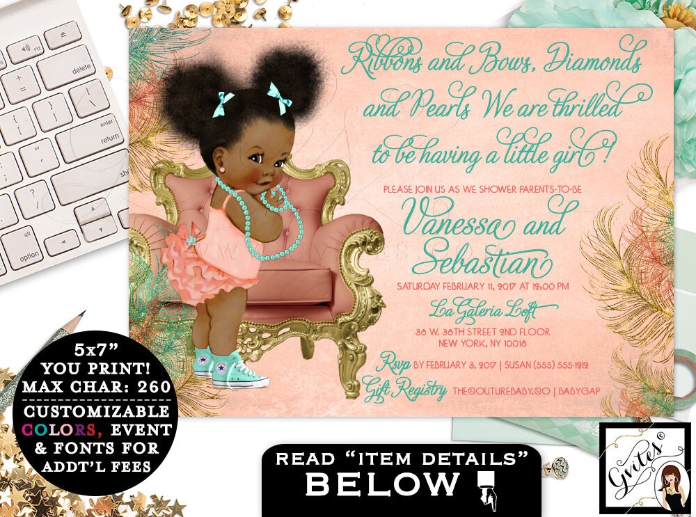 African American coral, mint and gold invitations, baby girl baby shower, ethnic baby invitation ...