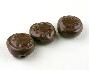 tablet flower beads, Flower Beads, Bead Set, Brown Beads, Dark Brown Beads, Daisy Beads, Ceramic Beads, stoneware beads, pottery beads,