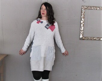 upcycled tunic wearable art clothing L X Large recycled sweater dress repurposed shirt sustainable cotton reclaimed dress LillieNoraDryGoods