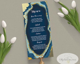 Blue Gold Dipped Agate Slice Wedding Menu | Geode, Printable Menu | INSTANT DOWNLOAD | PDF