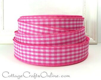 Wired Ribbon, 1 1/2", Pink White Gingham Check Plaid - THREE YARDS - Offray, Summer, Spring, Easter, Bright Pink Wire Edged Ribbon