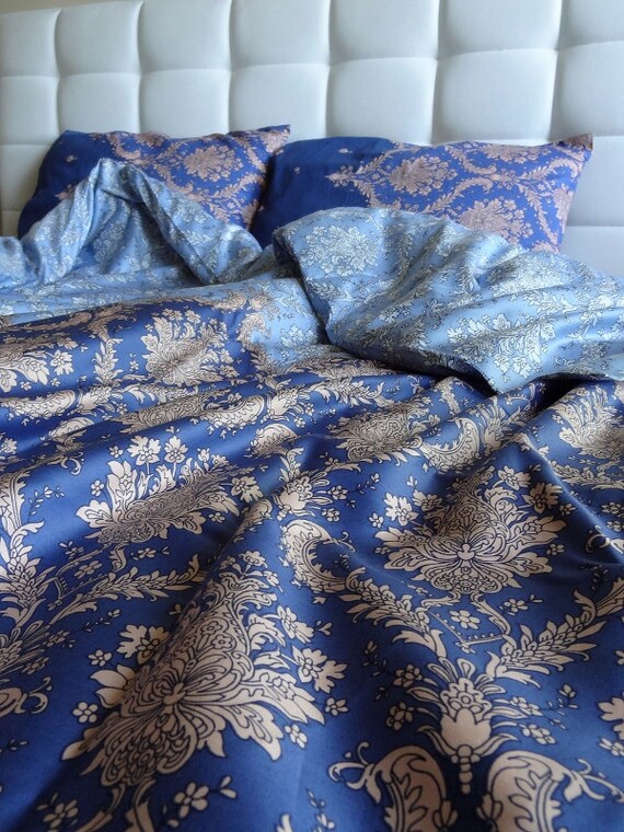 Twin / Twin XL Duvet Cover Full Set Blue Damask Pattern Cotton