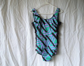 90s Turquoise Black Scrunch Sides One Piece Bathing Suit