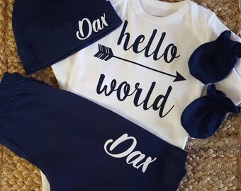 Baby Boy, CHOOSE SIZE, Newborn Take Home Outfit, Pants, Monogram Beanie Hat, Mittens, Hospital Photo, Little Brother, Daddy's Little Man