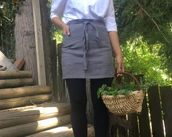 Linen half apron. Linen cafe apron. Eco - friendly linen midi apron. Washed softened handmade linen apron. Asphalt grey linen apron.