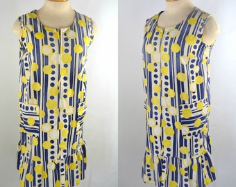 1960s MOD Yellow, Blue and White Drop Waist Sleeveless Dress, Needs TLC