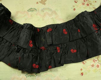 Antique silk brocade double ruffle piece lush black red rose florals lush pink fabric piece 1800s fabric craft upcycling pillow corset