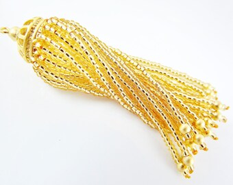 Long Golden Beaded Tassel - 22k Matte Gold Plated Brass - 1PC